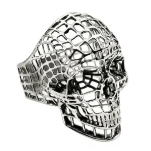 Silver hollow skull gothic ring - three-quarter angle showing detailed lattice texture and metal finish