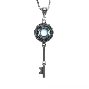 Silver-Toned Key of Solomon Pendant with Vintage Carved Details and Triple Moon Design - Goth Occult Necklace