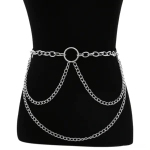 Silver layered gothic body chain belt worn on black mannequin torso, front view showcasing central O-ring anchor and cascading multi-strand tassel chains for alternative fashion