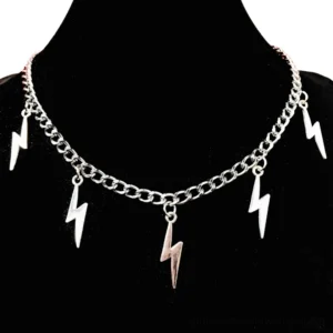 Silver lightning bolt choker necklace with multiple geometric pendants displayed on black jewelry mannequin, front view against dark background