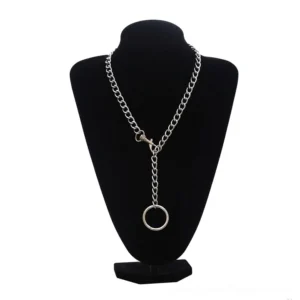 Silver Y-lariat chain choker with circular drop pendant on black jewelry mannequin against white background