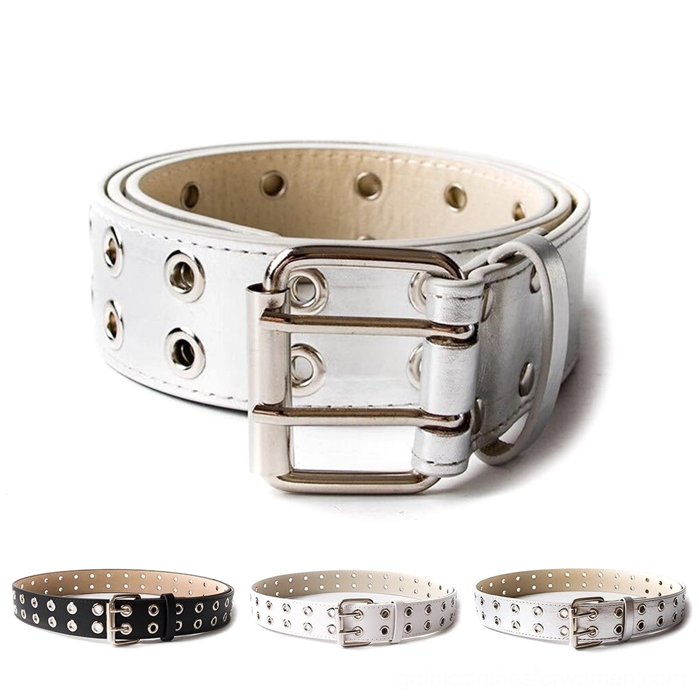 Silver metallic PU leather gothic grommet belt with double-row rivets and pin buckle, flat lay display