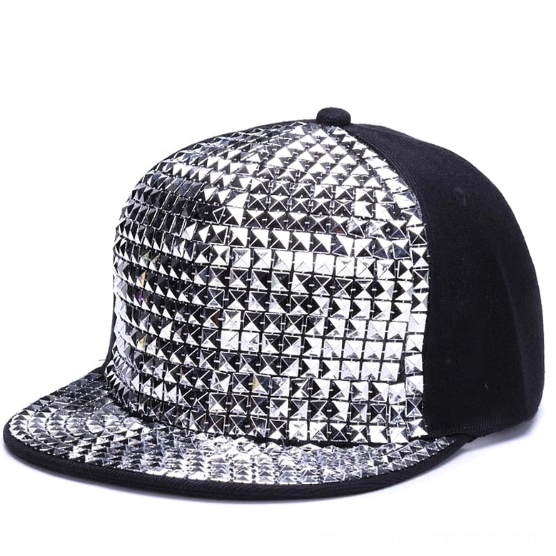 Silver pyramid stud snapback cap front view with silvery metallic studs and black side panels