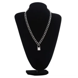 Silver padlock chain necklace displayed on black gothic jewelry bust, showing dual curb link chains with miniature lock pendant charm in silver-toned zinc alloy, front view on white background
