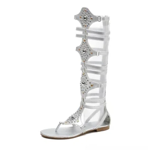 Silver Tone Gladiator Sandals with Rhinestone Studs - Side Profile View highlighting Mesh Strap Design