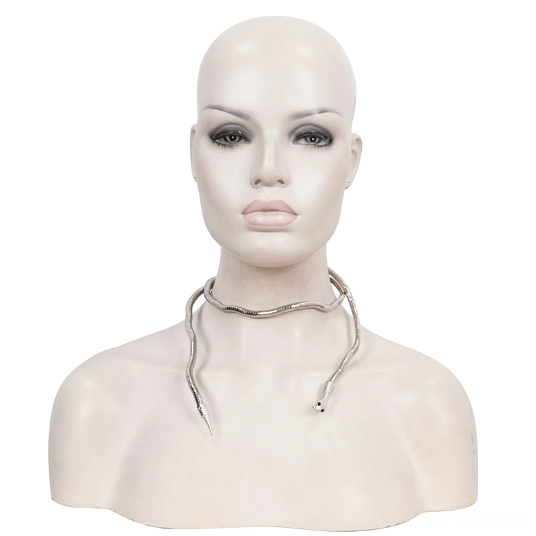 Silver curved snake necklace displayed on white mannequin bust - front center angle showing full design