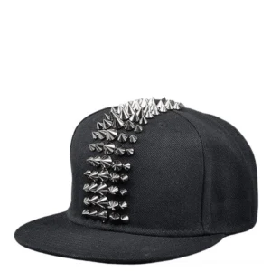 Silver spike studded snapback cap with shiny metallic cone studs, gothic alternative fashion cap, punk metal style