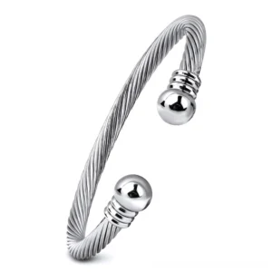 Pure silver twisted open cuff bracelet with ribbed ends, minimalist gothic bangle design
