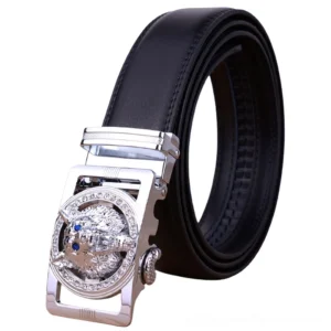 Wolf head automatic buckle belt in silver finish with rhinestone detailing, front oblique angle showing black genuine leather