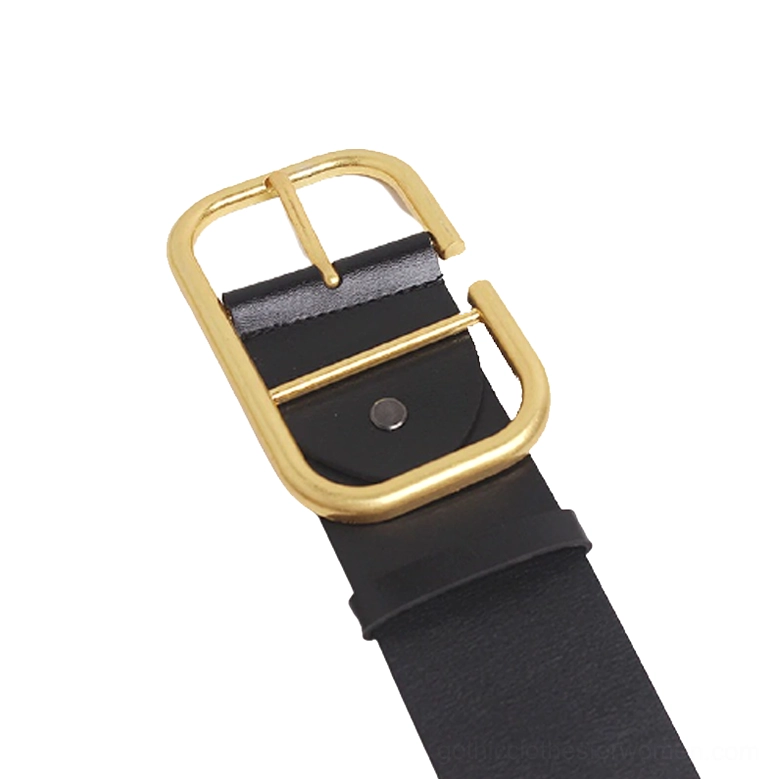 Single gothic corset belt buckle detail showing gold square metal buckle on black leather strap