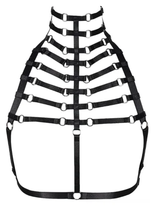 Black skeleton harness bra flat lay display, multi-strap buckle construction on mannequin