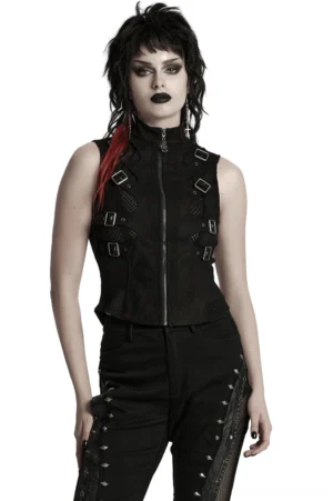 Black skeleton cutout gothic suede vest with mesh panels and metal buckles worn by alt model, front three-quarter view showing intricate skull details and adjustable hardware
