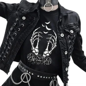 Black skeleton fingers gothic t-shirt front view worn by female model, featuring detailed skeleton hand design with red roses and bats, loose fit graphic tee with O-neck collar