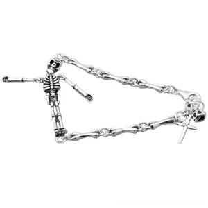 Sterling silver skeleton gothic bracelet with cross charm flat lay on white background, showcasing detailed bone-shaped chain links and oxidized silver finish