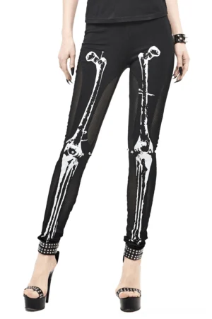 Black skeleton gothic leggings with white bone print worn by model, front three-quarter view showing mesh side panels and studded ankle cuffs