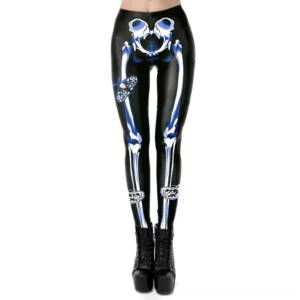 Black skeleton print gothic leggings front view with high-waisted design and digital skeleton motifs, showing ankle chain details