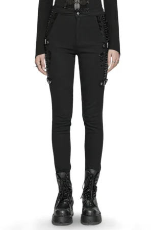 Black skeleton gothic pants with patent leather side buckle straps - front full-body view