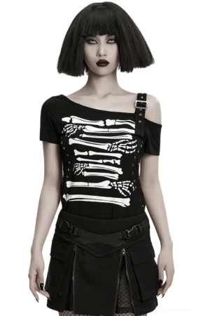 Black skeleton hand print gothic off-shoulder t-shirt with studded mesh detail worn by model, front full-body view