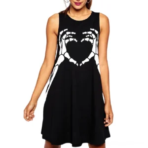 Black skeleton heart print gothic dress front view with loose A-line silhouette and V-neckline on model