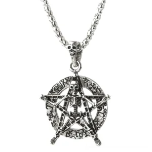 Skeletal pentagram gothic pendant necklace with intricate rune-etched frame and skull bail, displayed on white background