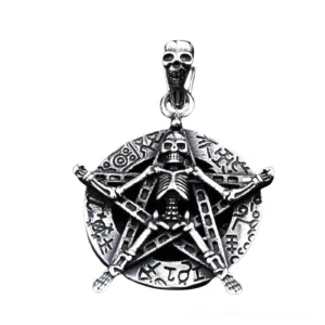 Close-up detail of rune-carved border and central skeletal five-pointed star pentagram on stainless steel gothic necklace