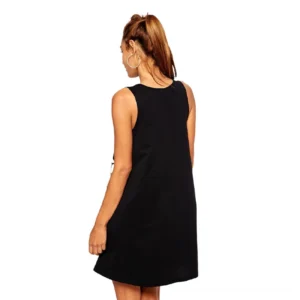 Black gothic dress back view showing simple crew neck design and ankle-length cut