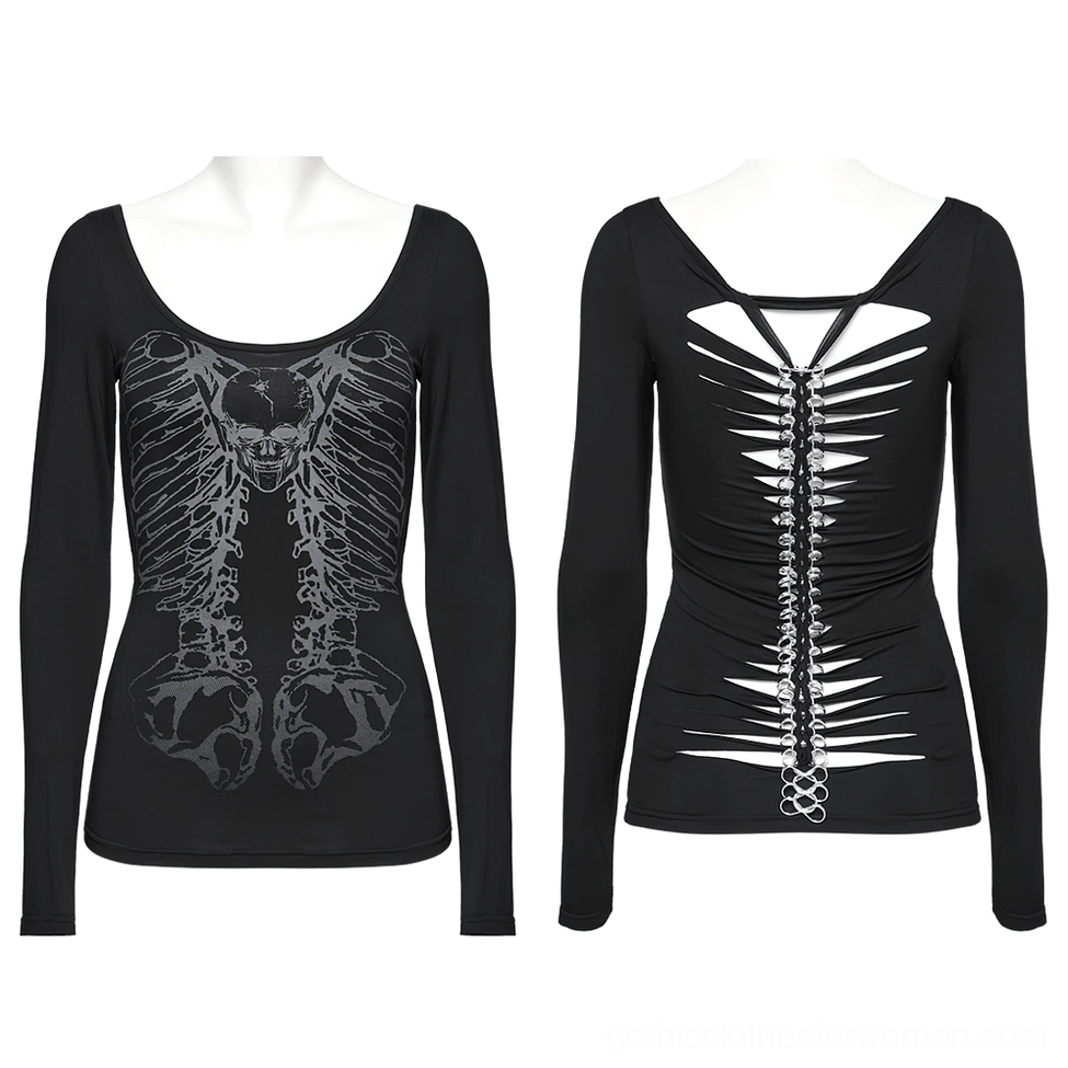 Black and white skeleton print gothic long sleeve top displayed on dual mannequins showing front skeleton print and back lace-up construction side-by-side