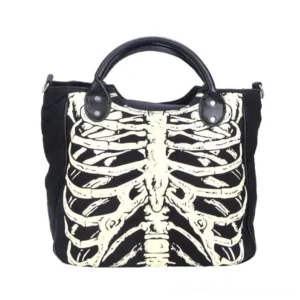 Black skeleton rib cage print canvas tote bag front flat view - gothic handbag with anatomical design