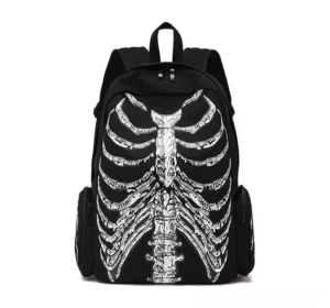 Black skeleton ribcage gothic backpack front view with anatomical print design