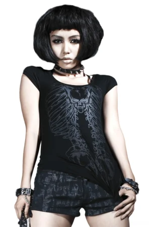 Black skeleton ribcage gothic t-shirt front full-body view worn by female model, slim-fit knit with skull print