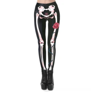 Black skeleton rose gothic leggings front view - high waist digital print with pink bones and red roses on black stretch fabric