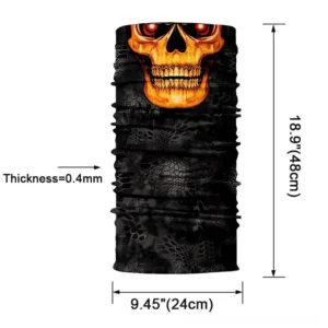 Seamless gothic balaclava with camouflage texture and golden skull graphic - rolled and folded display showing gaiter construction