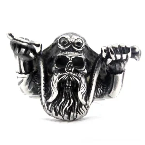 Skull biker ring tilted perspective - intricate carved beard and facial details showcasing vintage silver finish on stainless steel gothic jewelry