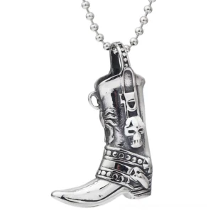 Skull boot gothic pendant necklace with embossed skull details and bead chain - front three-quarter view on white background