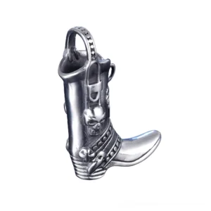 Antiqued silver skull boot pendant necklace with studded strap detail and embossed skull - right side three-quarter view