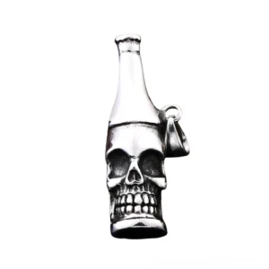 Unisex skull bottle gothic pendant necklace in polished stainless steel - front close-up showing detailed skull and bottle design