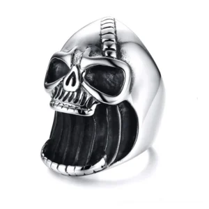 Skull beer bottle opener ring front oblique view, polished stainless steel gothic ring with open mouth design