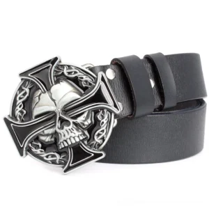 Skull cross gothic leather belt with silver metal buckle featuring Celtic knot design on white background