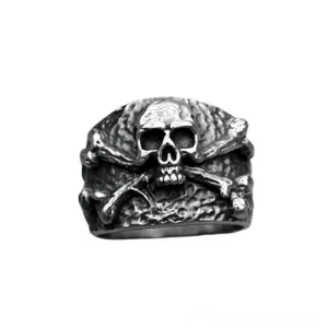 Stainless steel skull crossbones pirate ring direct front view showing 3D embossed design and textured surface