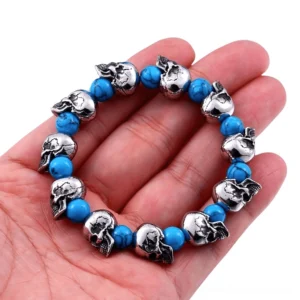 Unisex skull beaded elastic bracelet worn on hand showing stretch comfort and gothic style