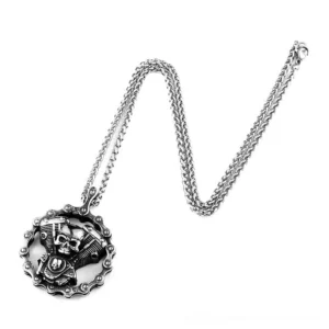 Skull engine gothic pendant necklace with beaded chain - vintage silver stainless steel biker jewelry displayed on white background