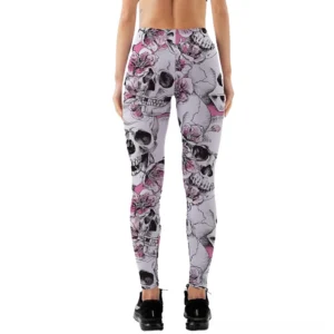 Skull print gothic leggings rear view - full length women's stretch pants with all-over pattern