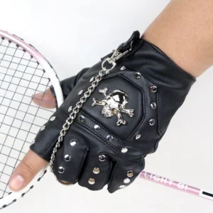 Half-finger gothic leather gloves worn on hand holding racket - side close-up showing faux leather texture and metal embellishments