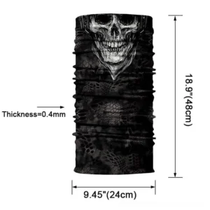 Black seamless skull gothic neck gaiter flat lay display - showing camouflage textured fabric with white skull print design