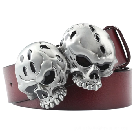 Skull gothic leather belt with aged silver hollow-out skull buckle statement detail dark alternative fashion accessory