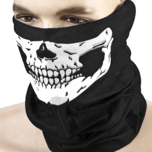 Black gothic skull neck gaiter close-up on model, front angle displaying intricate white skull details