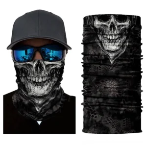 Man wearing black skull gothic neck gaiter balaclava with blue mirrored sunglasses - frontal view of skull print face cover