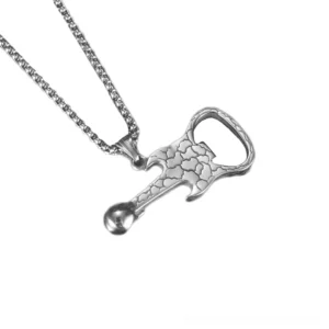 Skull guitar bottle opener pendant side angle showing detailed fretboard and cracked texture