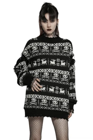 Oversized black-white skull knit sweatshirt with frayed mock neck - full front view on female model