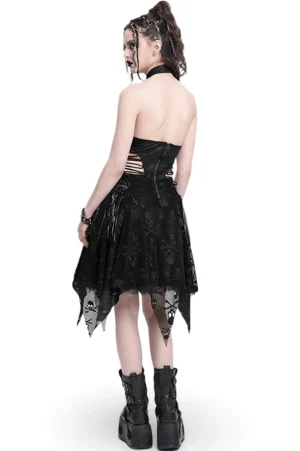 Black gothic halter dress back view showing backless design and leather fringe hem with lace-up detailing